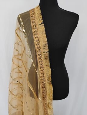Gold Fringe Embroidered Net Dupatta
